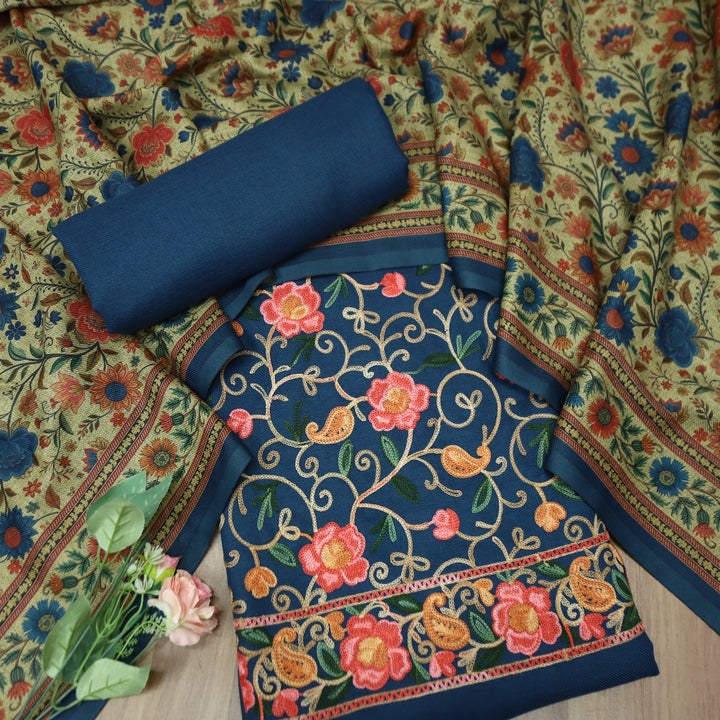 साध्गी Sapphire Blue All Over Woven Kashida Embroidery Semi Pashmina Winter Set