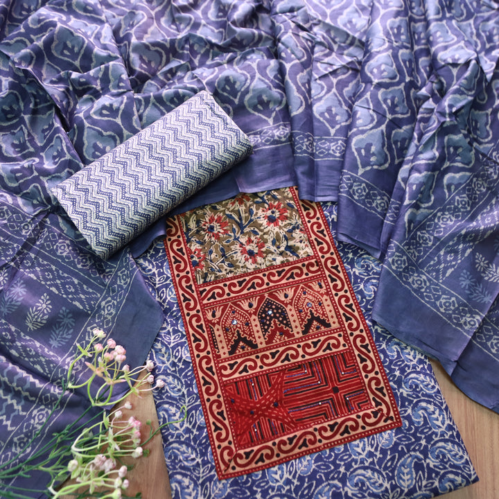Shanvi Indigo Blue Kutch Work Ajrak Printed Yoke in Kalamkari Printed Cotton Suit Set