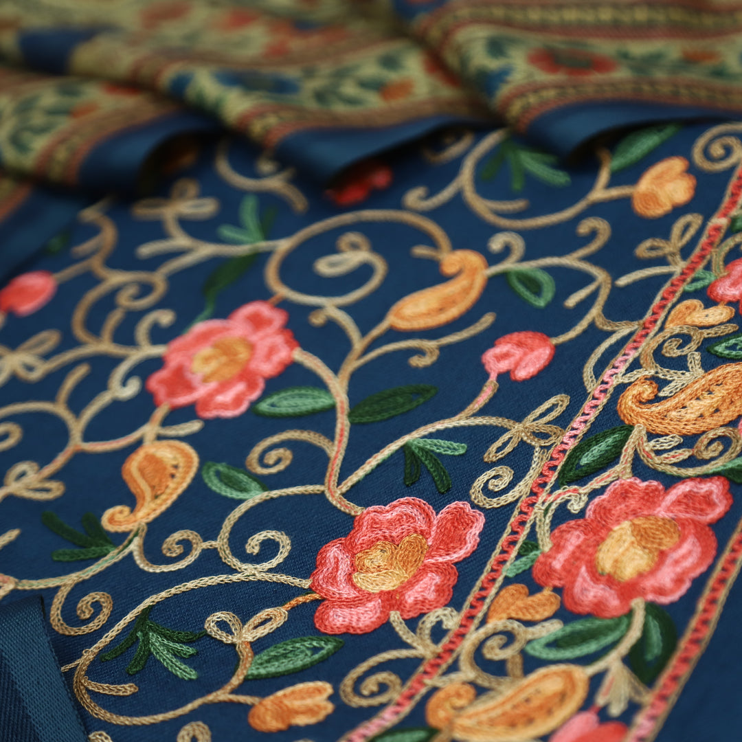 साध्गी Sapphire Blue All Over Woven Kashida Embroidery Semi Pashmina Winter Set