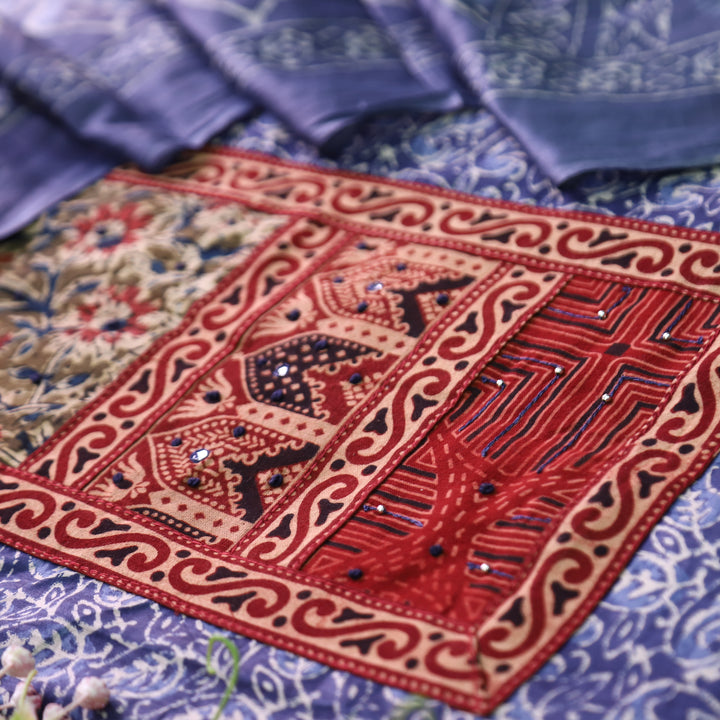 Shanvi Indigo Blue Kutch Work Ajrak Printed Yoke in Kalamkari Printed Cotton Suit Set