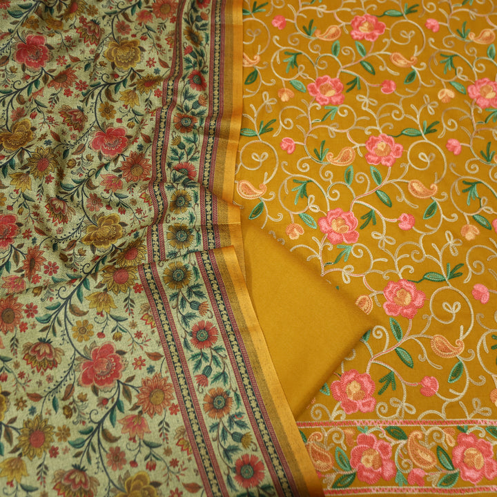 साध्गी Dijon Yellow All Over Woven Kashida Embroidery Semi Pashmina Winter Set