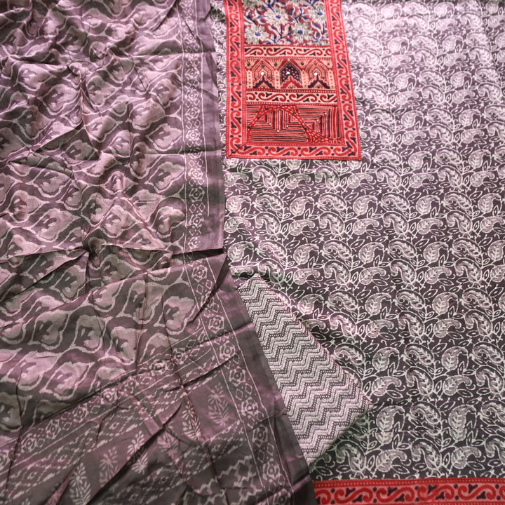 Shanvi Latte Tan Kutch Work Ajrak Printed Yoke in Kalamkari Printed Cotton Suit Set