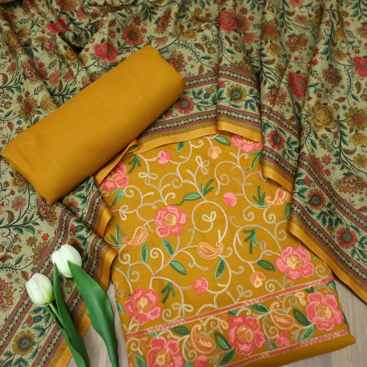 साध्गी Dijon Yellow All Over Woven Kashida Embroidery Semi Pashmina Winter Set