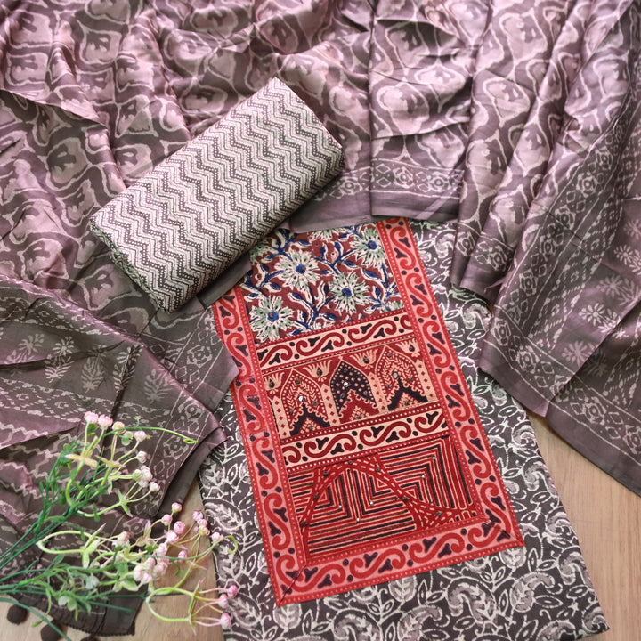 Shanvi Latte Tan Kutch Work Ajrak Printed Yoke in Kalamkari Printed Cotton Suit Set