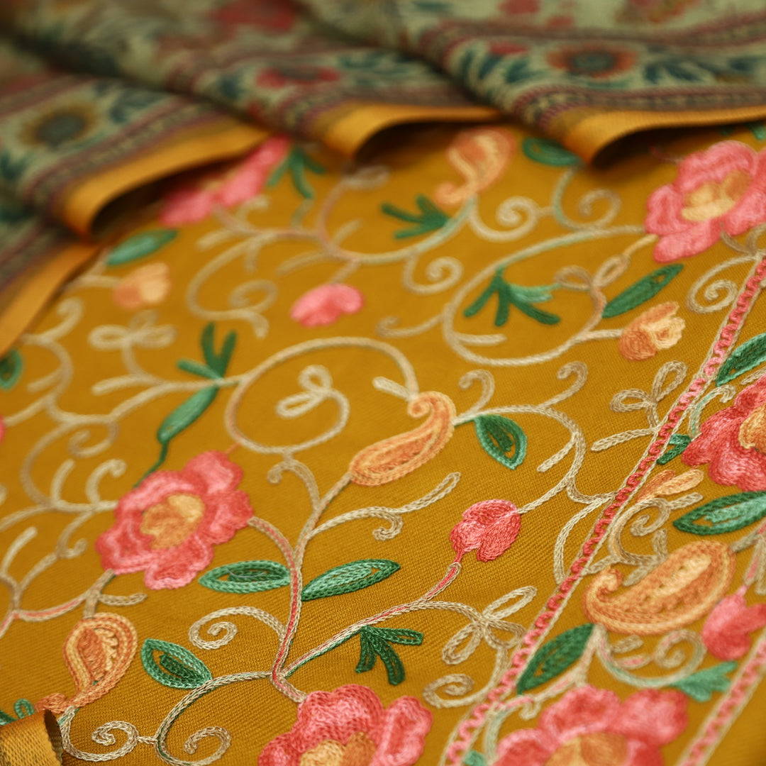 साध्गी Dijon Yellow All Over Woven Kashida Embroidery Semi Pashmina Winter Set