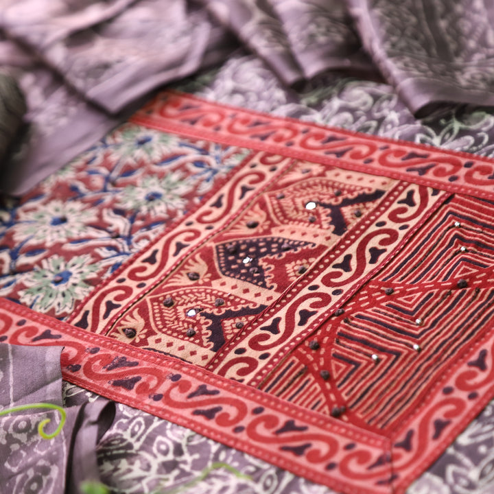 Shanvi Latte Tan Kutch Work Ajrak Printed Yoke in Kalamkari Printed Cotton Suit Set