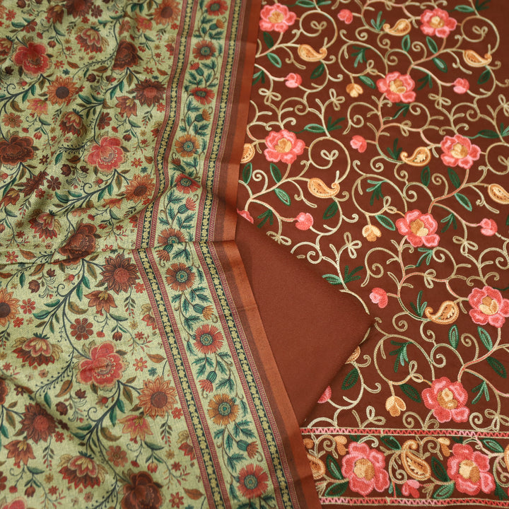 साध्गी Rust Brown All Over Woven Kashida Embroidery Semi Pashmina Winter Set