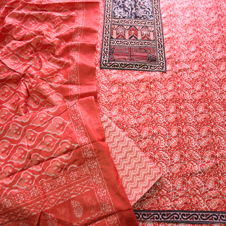 Shanvi Bright Red Kutch Work Ajrak Printed Yoke in Kalamkari Printed Cotton Suit Set