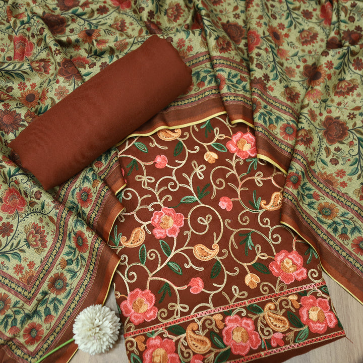 साध्गी Rust Brown All Over Woven Kashida Embroidery Semi Pashmina Winter Set