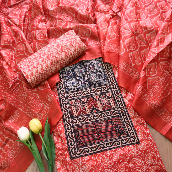 Shanvi Bright Red Kutch Work Ajrak Printed Yoke in Kalamkari Printed Cotton Suit Set