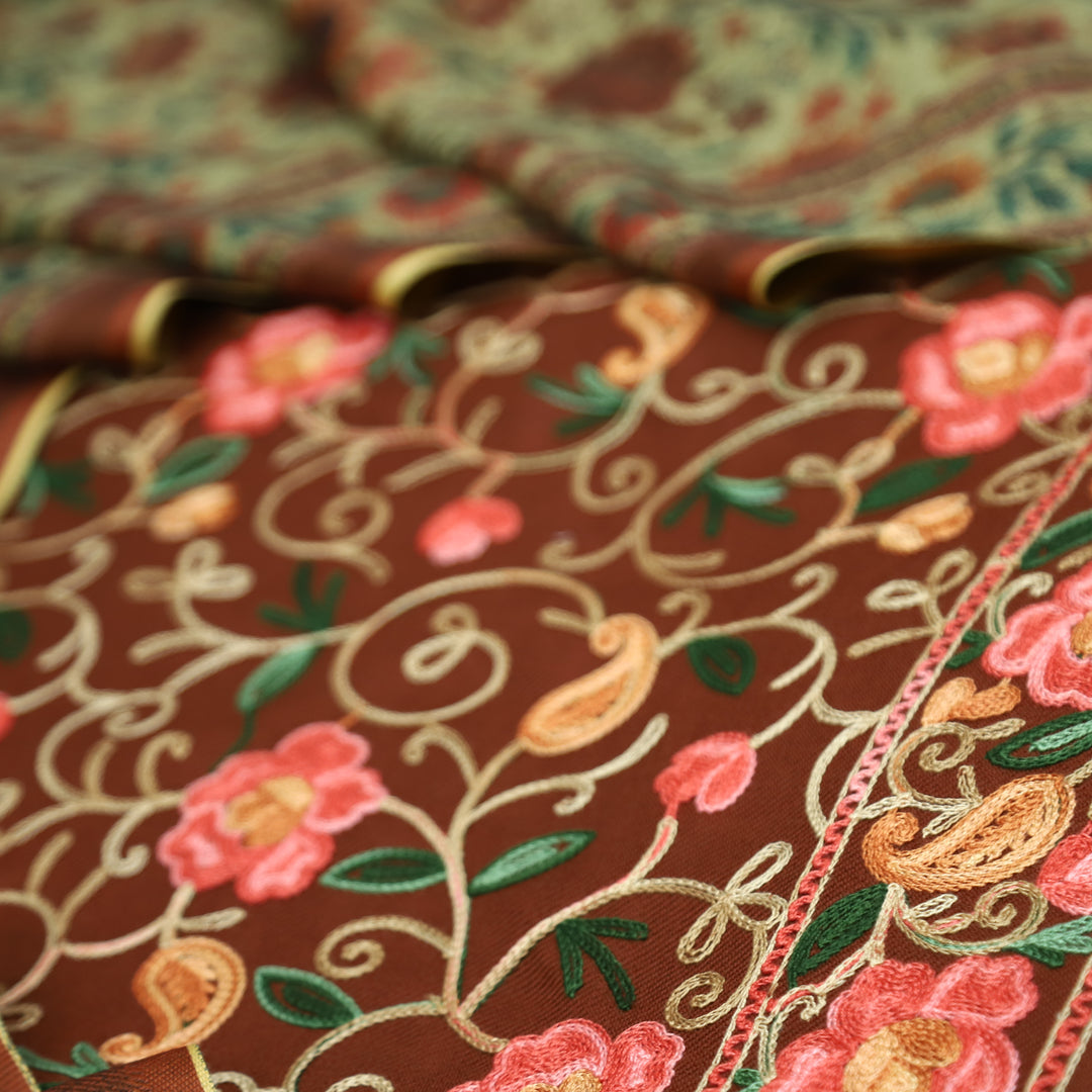 साध्गी Rust Brown All Over Woven Kashida Embroidery Semi Pashmina Winter Set