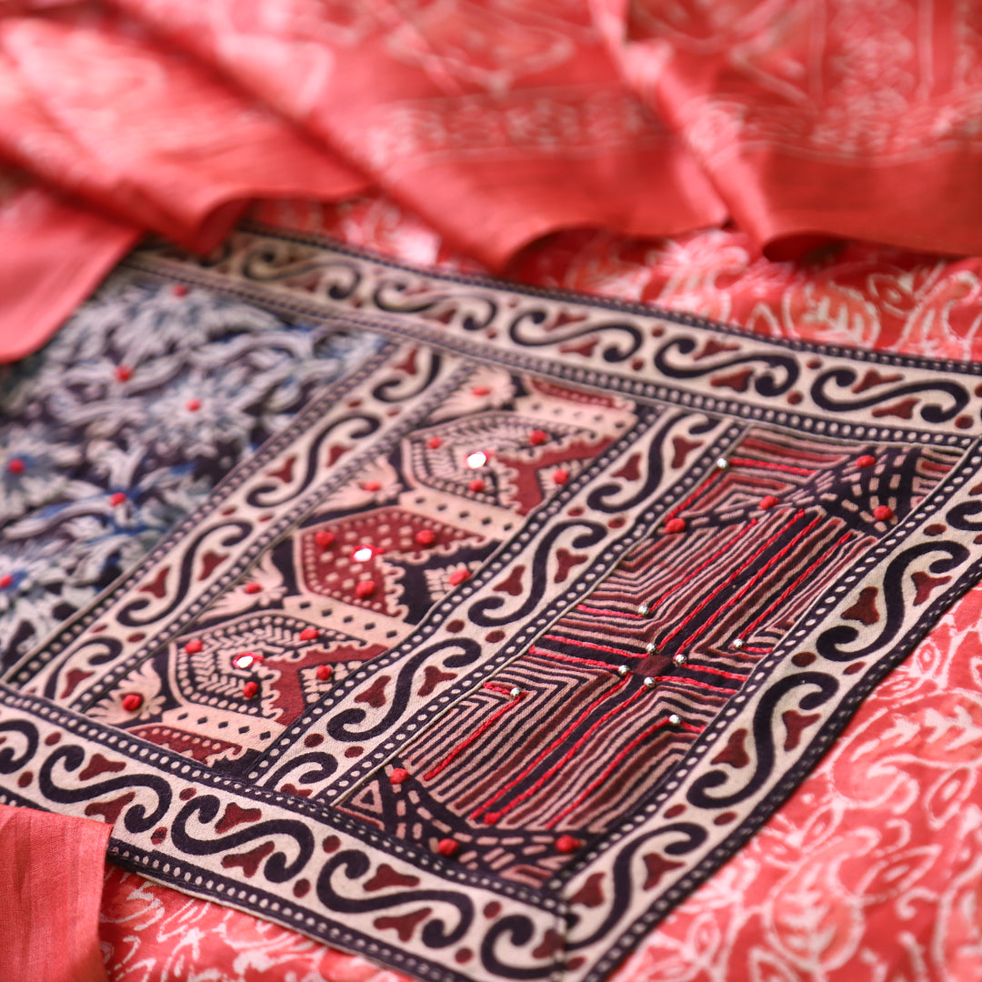 Shanvi Bright Red Kutch Work Ajrak Printed Yoke in Kalamkari Printed Cotton Suit Set