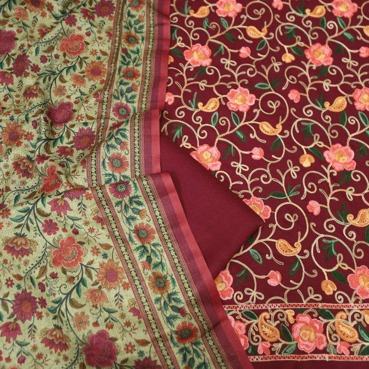 साध्गी Mahogany Red All Over Woven Kashida Embroidery Semi Pashmina Winter Set