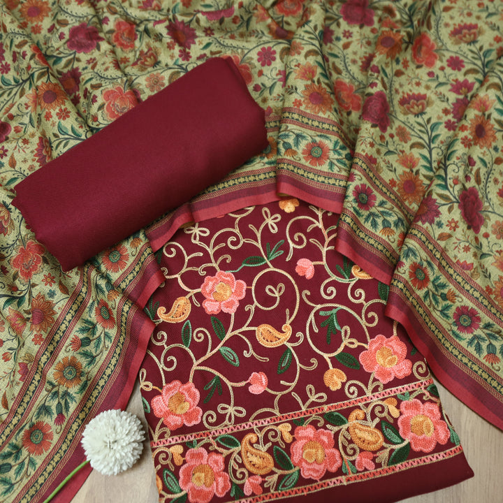 साध्गी Mahogany Red All Over Woven Kashida Embroidery Semi Pashmina Winter Set