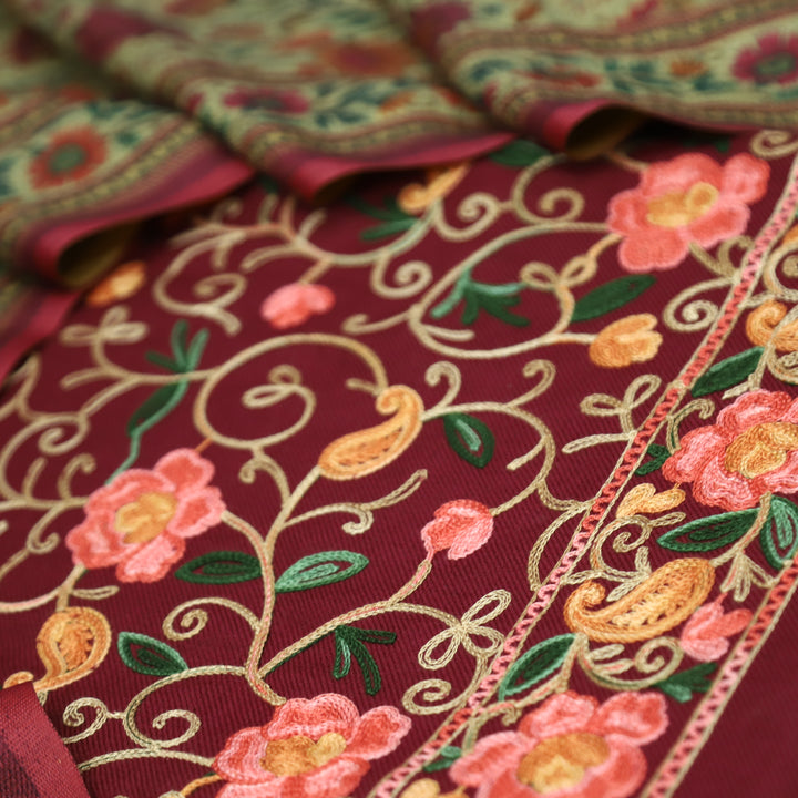 साध्गी Mahogany Red All Over Woven Kashida Embroidery Semi Pashmina Winter Set