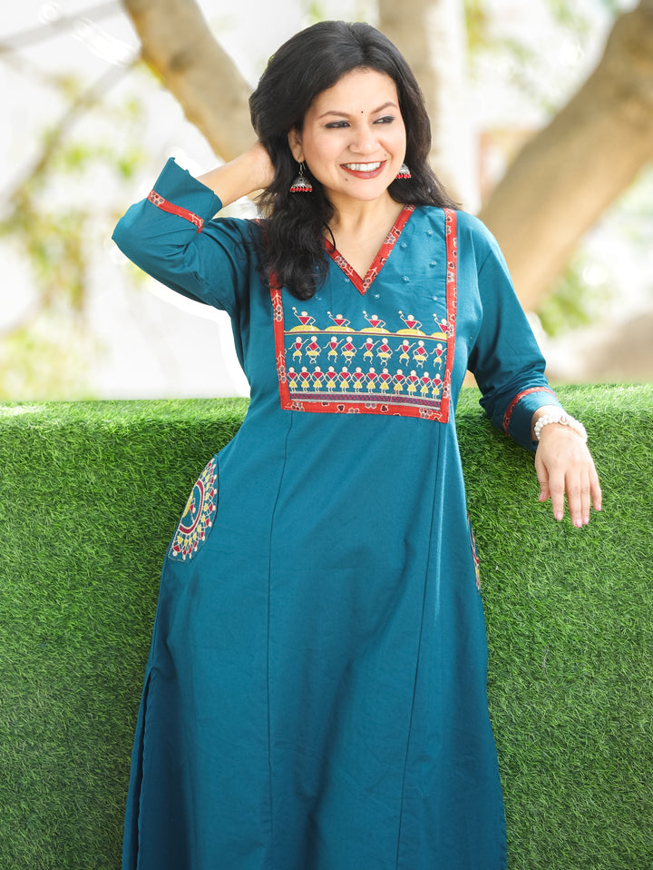 Kishori Cerulean Teal Warli Embroidered Yoke Cotton Kurti with Embroidered Side Pocket