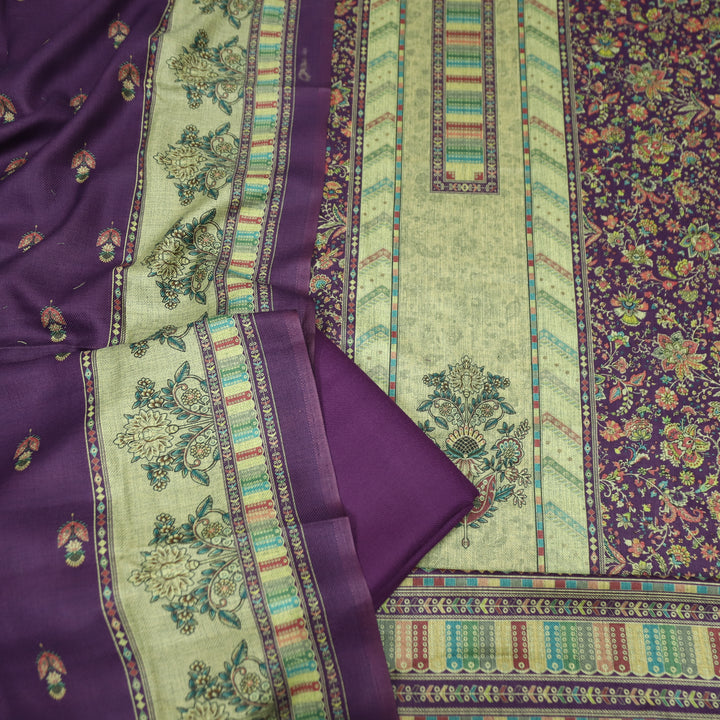 खुशबू Vibrant Purple Panel Style Floral Printed Semi Pashmina Winter Set