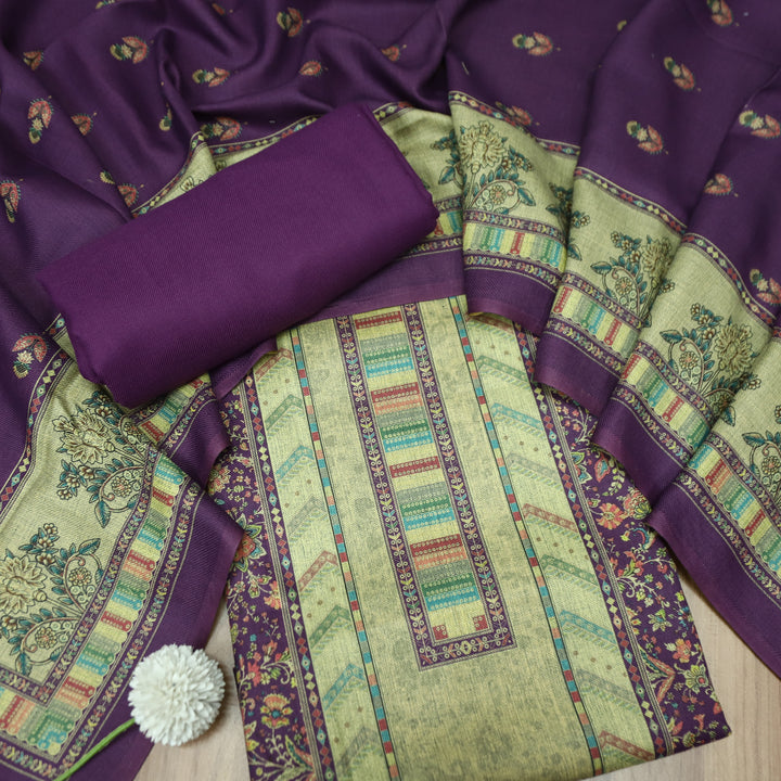 खुशबू Vibrant Purple Panel Style Floral Printed Semi Pashmina Winter Set