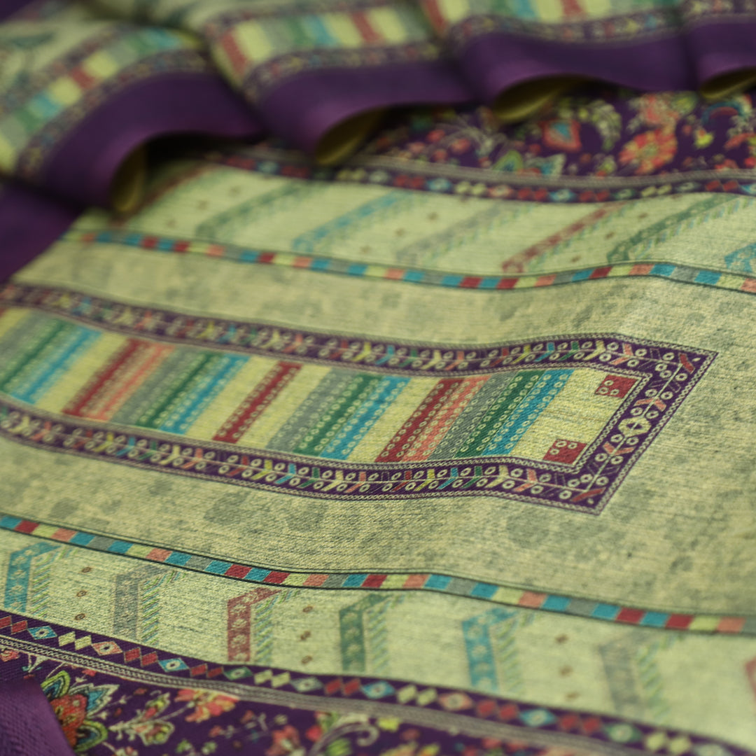 खुशबू Vibrant Purple Panel Style Floral Printed Semi Pashmina Winter Set