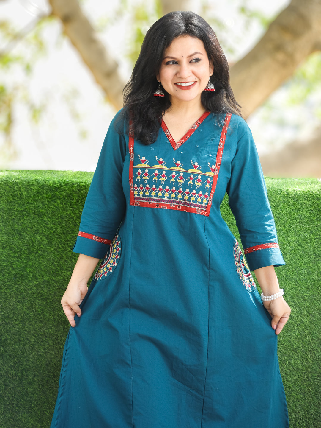 Kishori Cerulean Teal Warli Embroidered Yoke Cotton Kurti with Embroidered Side Pocket