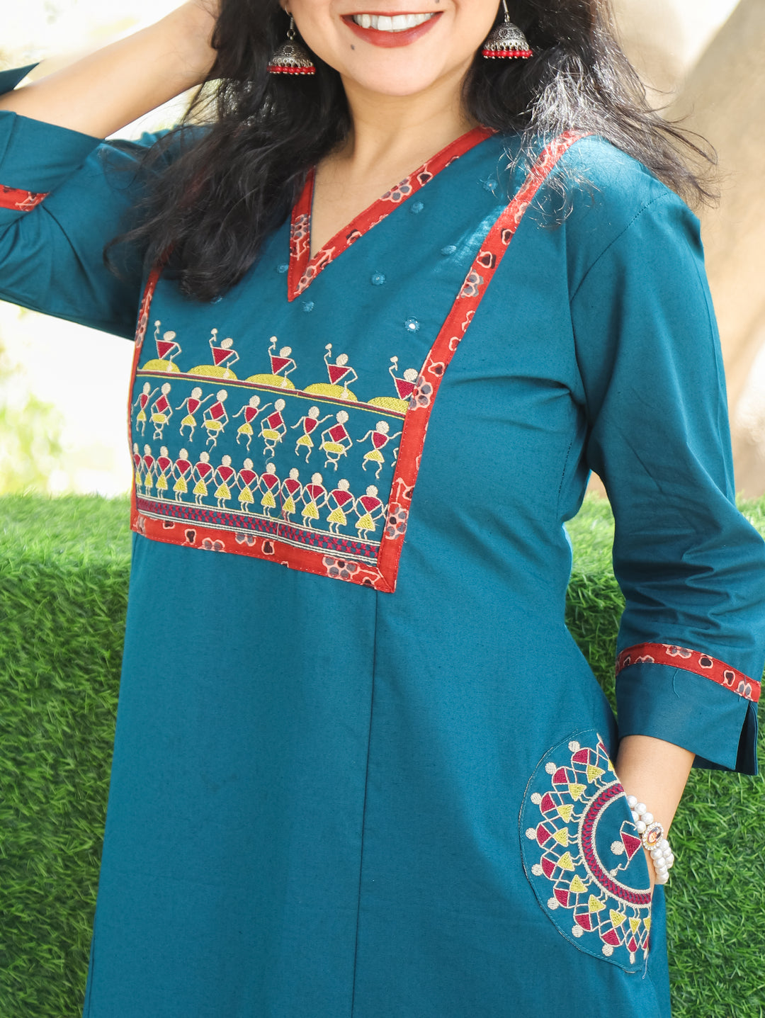 Kishori Cerulean Teal Warli Embroidered Yoke Cotton Kurti with Embroidered Side Pocket