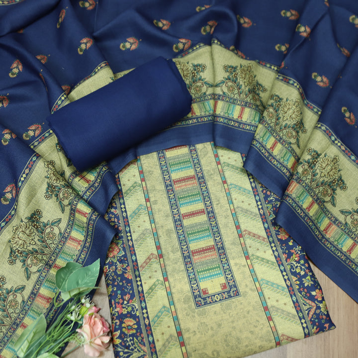 खुशबू Royal Blue Panel Style Floral Printed Semi Pashmina Winter Set