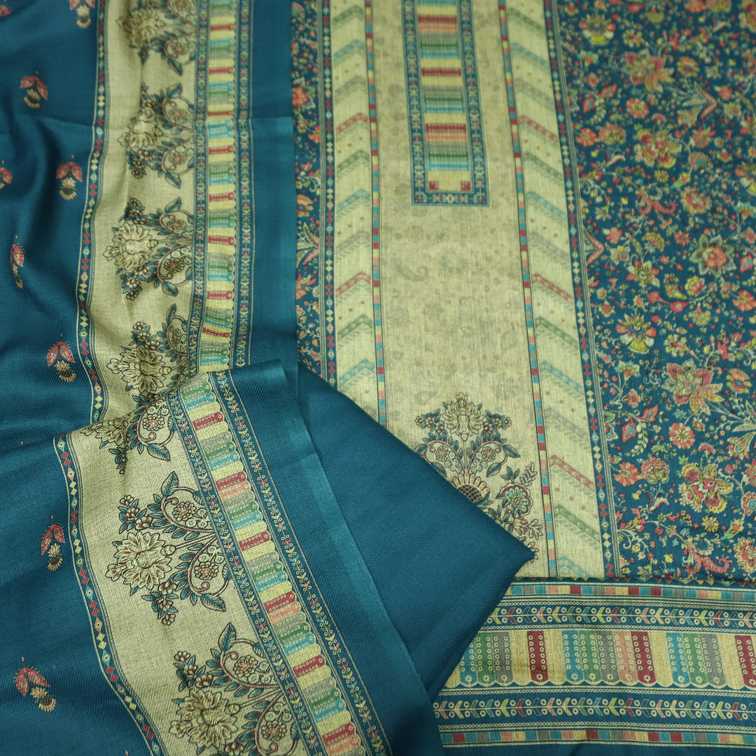खुशबू Cerulean Teal Panel Style Floral Printed Semi Pashmina Winter Set
