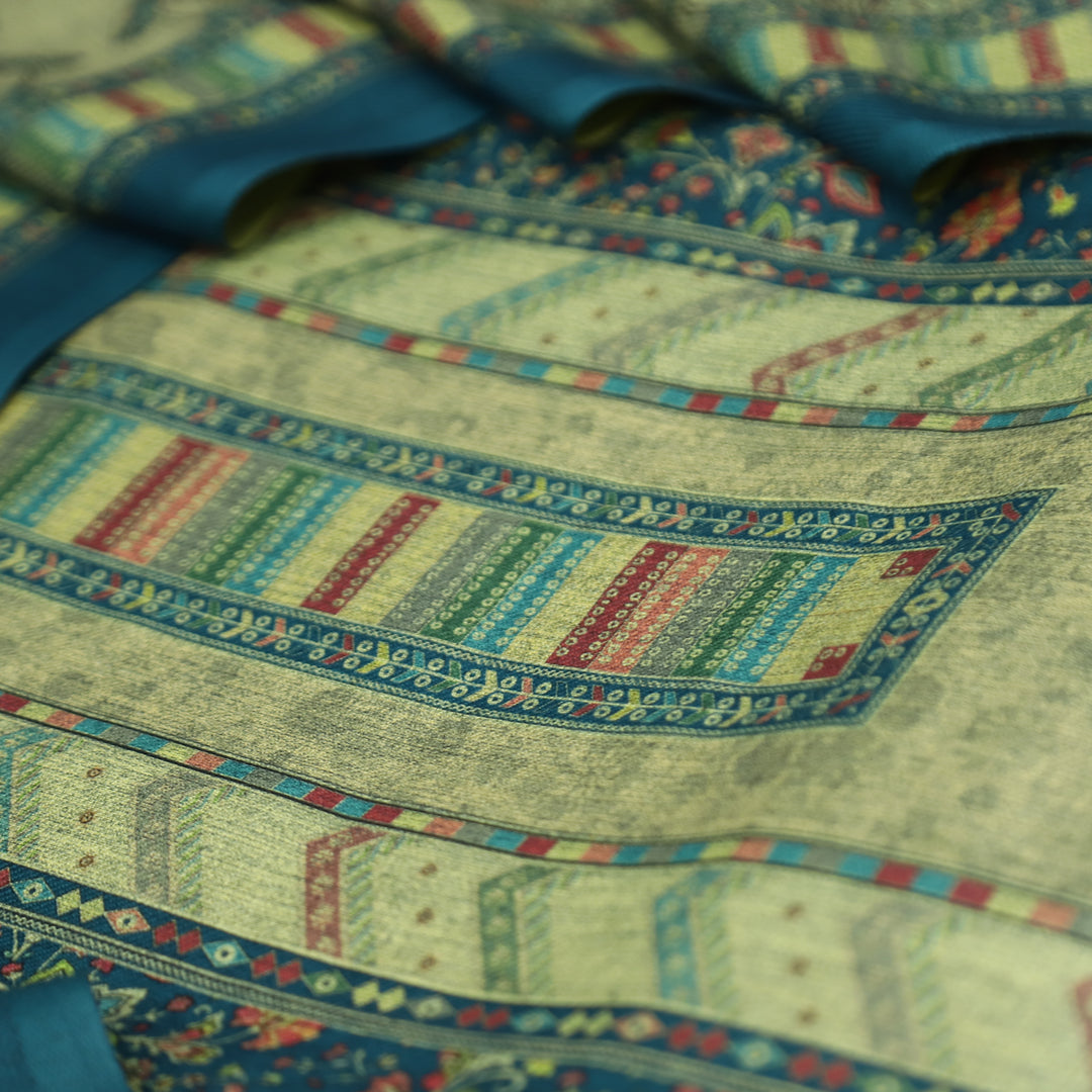 खुशबू Cerulean Teal Panel Style Floral Printed Semi Pashmina Winter Set