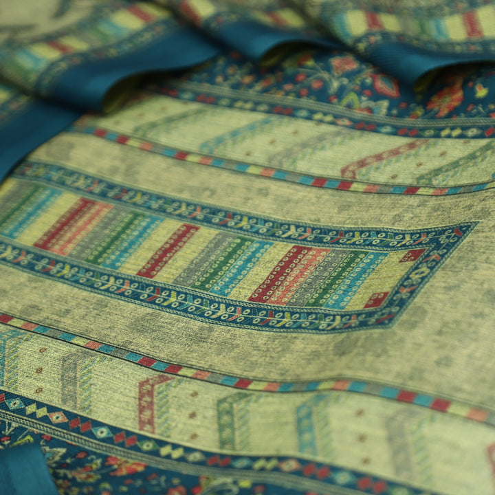 खुशबू Cerulean Teal Panel Style Floral Printed Semi Pashmina Winter Set