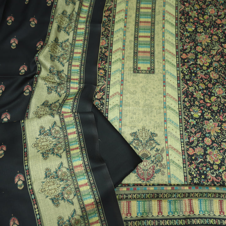 खुशबू Ebony Black Panel Style Floral Printed Semi Pashmina Winter Set