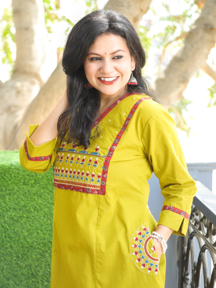 Kishori Lemon Yellow Warli Embroidered Yoke Cotton Kurti with Embroidered Side Pocket