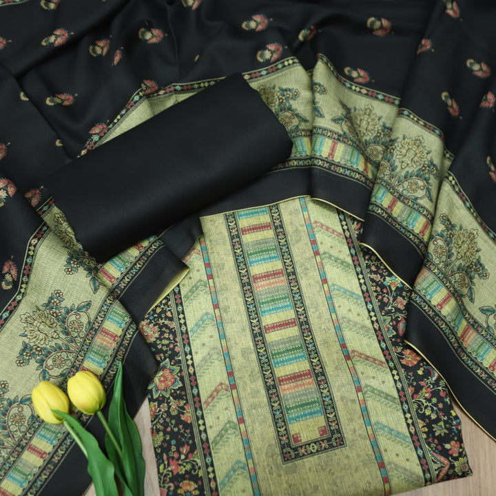 खुशबू Ebony Black Panel Style Floral Printed Semi Pashmina Winter Set