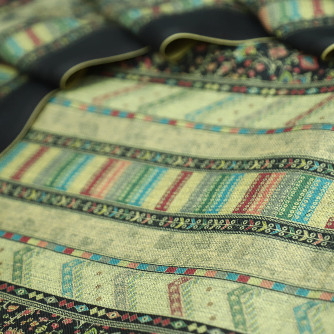 खुशबू Ebony Black Panel Style Floral Printed Semi Pashmina Winter Set