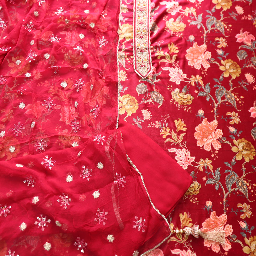 सरस्वती Bright Red Floral Printed with Embellish Patch Velvet Winter Set
