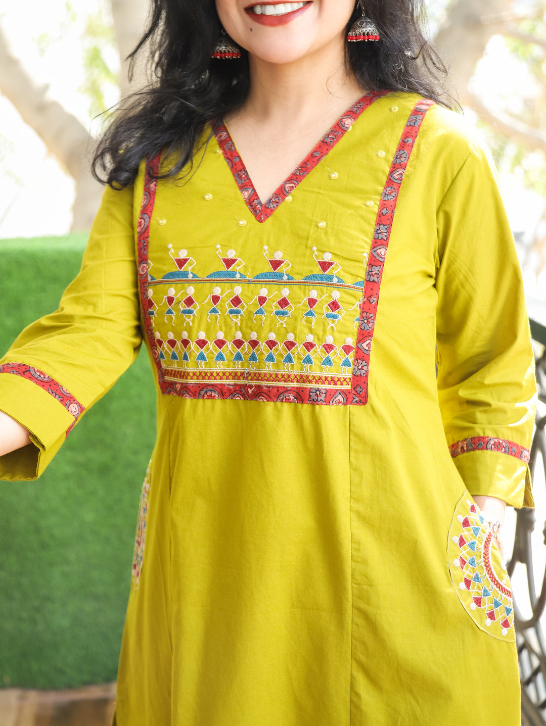 Kishori Lemon Yellow Warli Embroidered Yoke Cotton Kurti with Embroidered Side Pocket