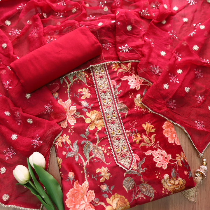 सरस्वती Bright Red Floral Printed with Embellish Patch Velvet Winter Set
