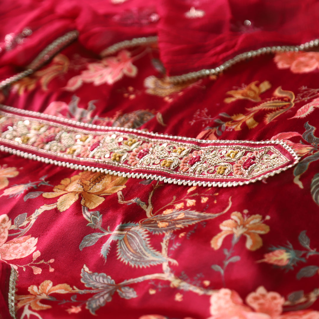सरस्वती Bright Red Floral Printed with Embellish Patch Velvet Winter Set