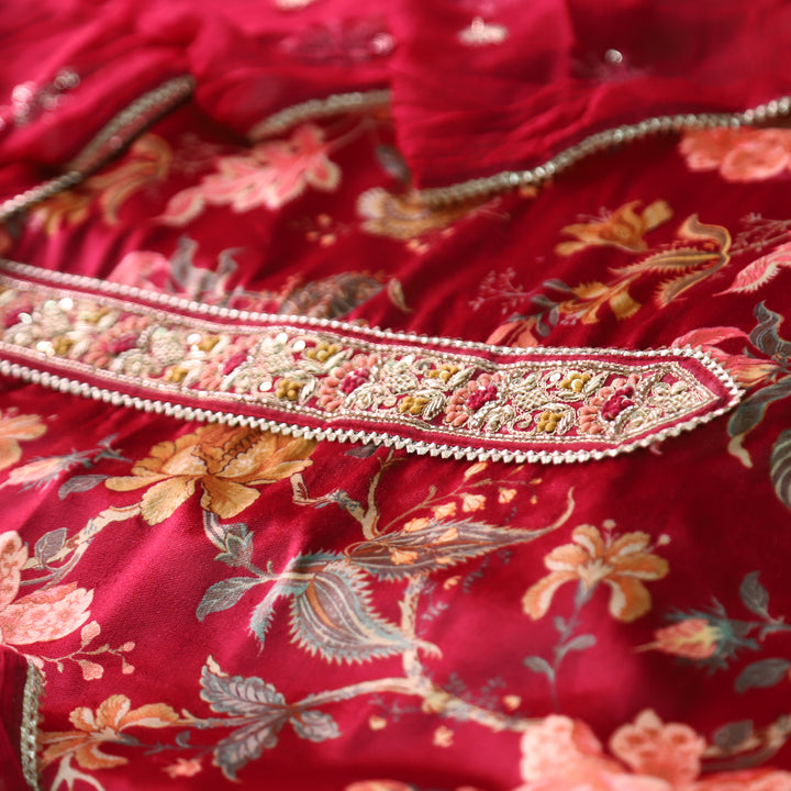 सरस्वती Bright Red Floral Printed with Embellish Patch Velvet Winter Set