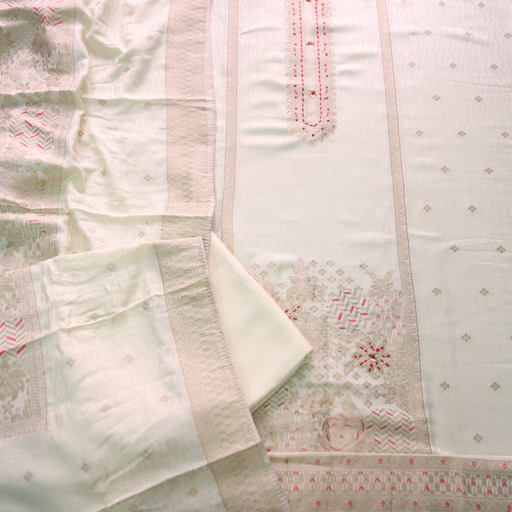 रूबी Cream White with Zari Weaved Work in Panel Semi Pashmina Winter Set