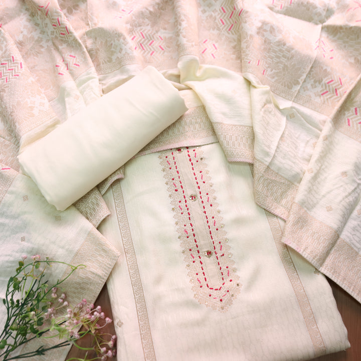 रूबी Cream White with Zari Weaved Work in Panel Semi Pashmina Winter Set