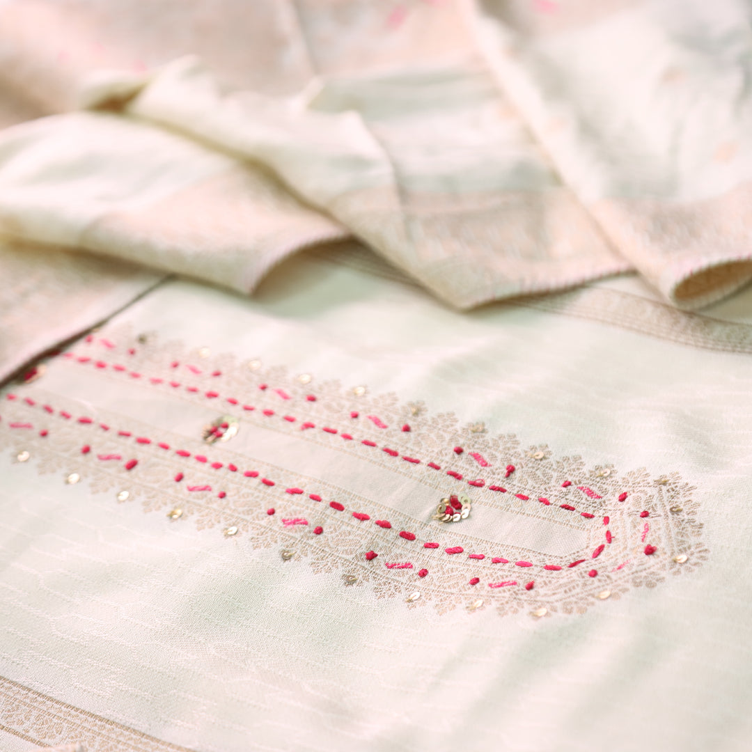 रूबी Cream White with Zari Weaved Work in Panel Semi Pashmina Winter Set