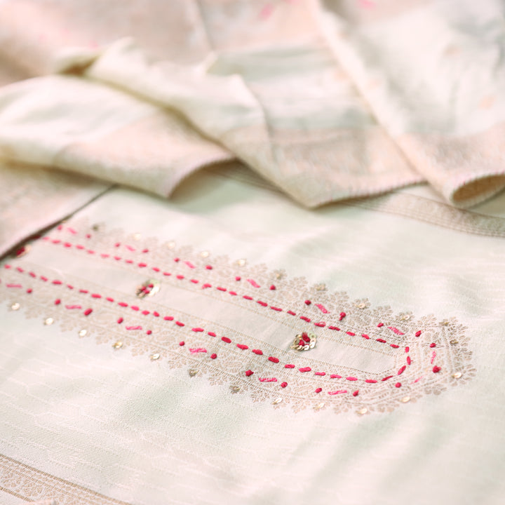 रूबी Cream White with Zari Weaved Work in Panel Semi Pashmina Winter Set