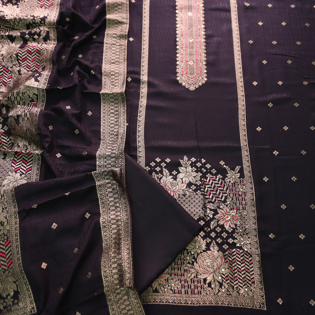 रूबी Midnight Black with Zari Weaved Work in Panel Semi Pashmina Winter Set