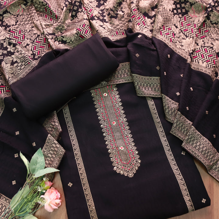 रूबी Midnight Black with Zari Weaved Work in Panel Semi Pashmina Winter Set