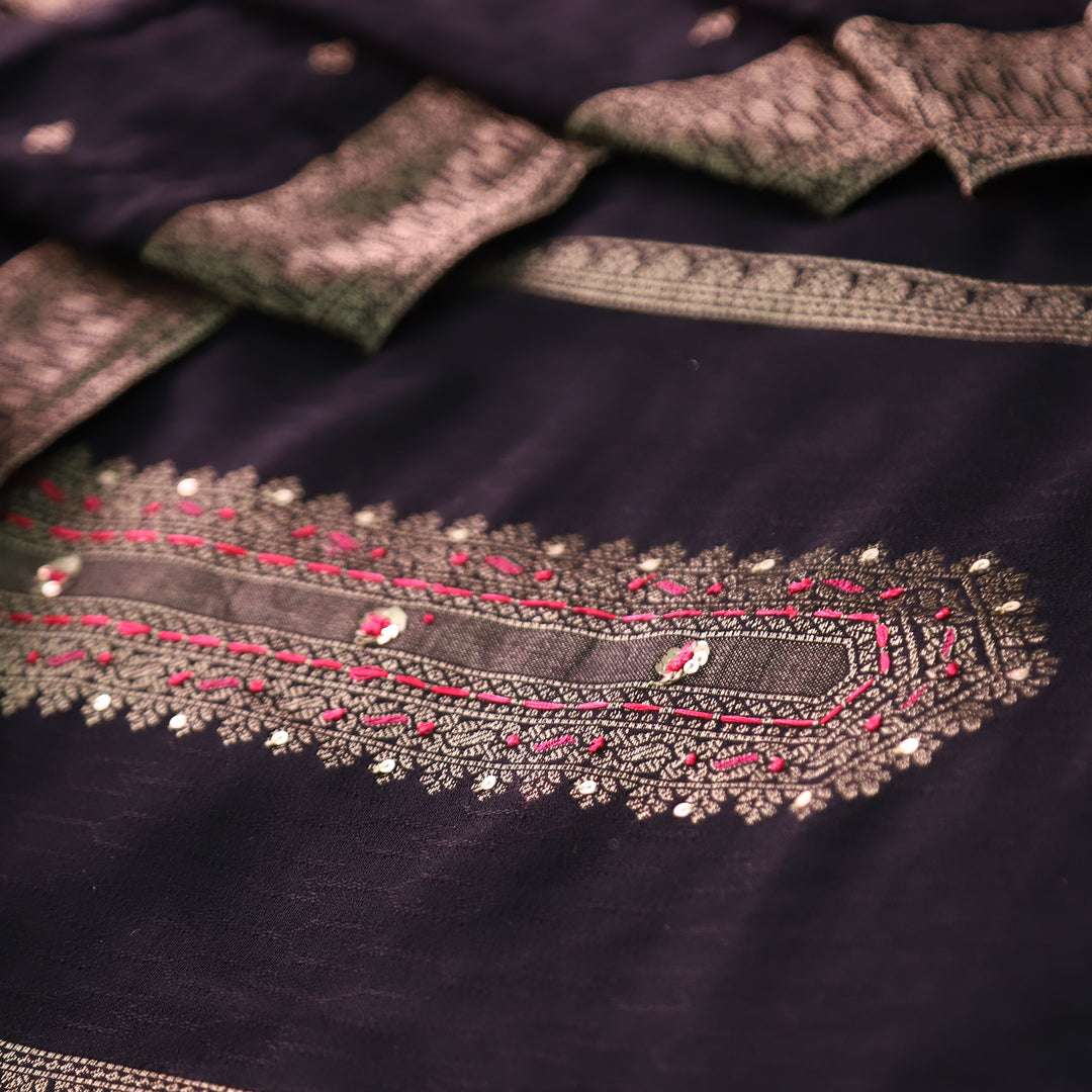 रूबी Midnight Black with Zari Weaved Work in Panel Semi Pashmina Winter Set