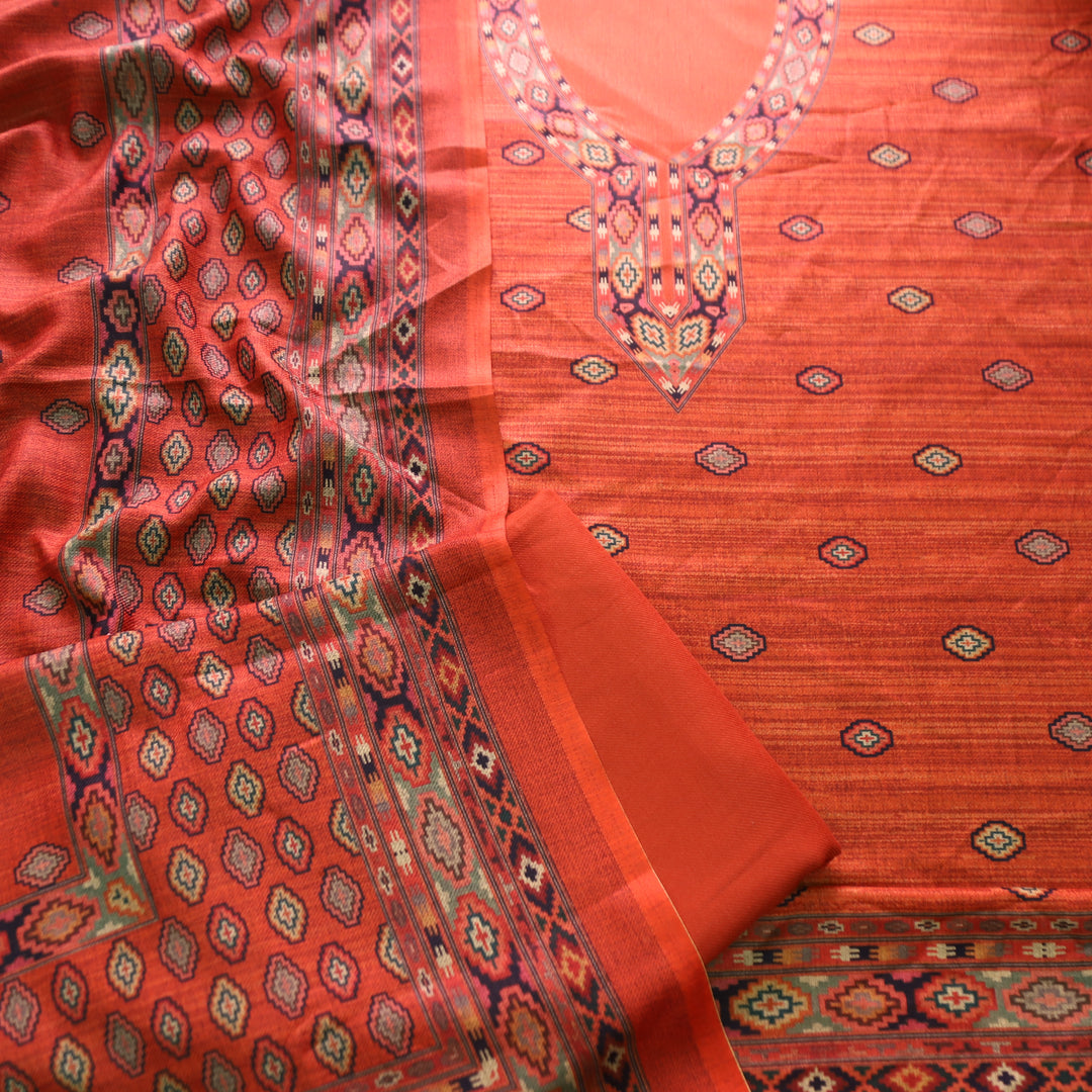 भानु Rust Orange with Elegant Digital Printed Work Semi Pashmina winter Set