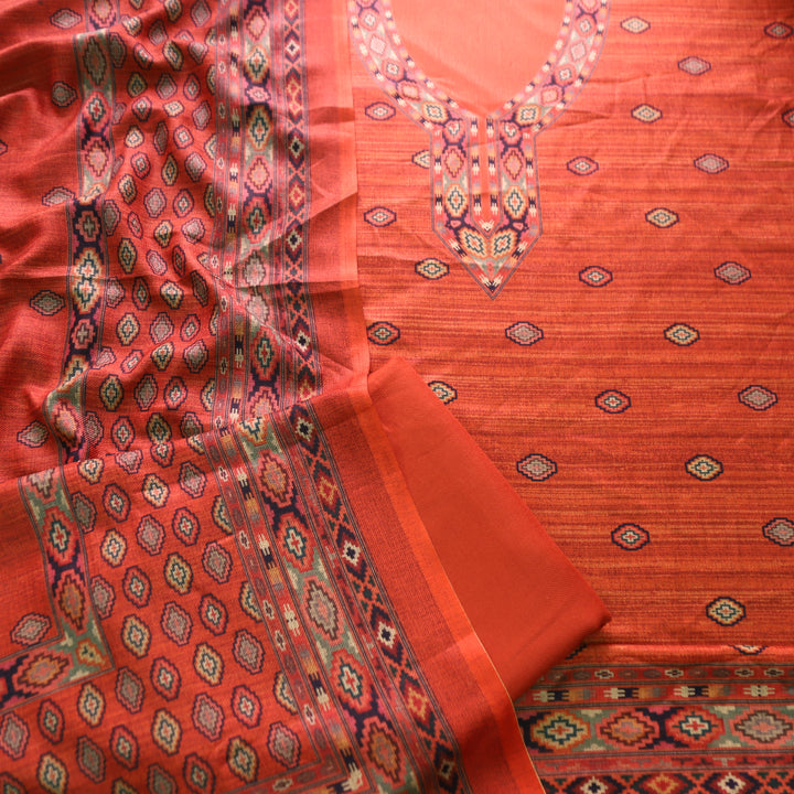 भानु Rust Orange with Elegant Digital Printed Work Semi Pashmina winter Set