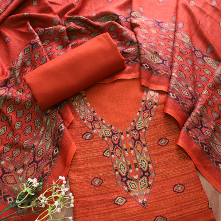 भानु Rust Orange with Elegant Digital Printed Work Semi Pashmina winter Set