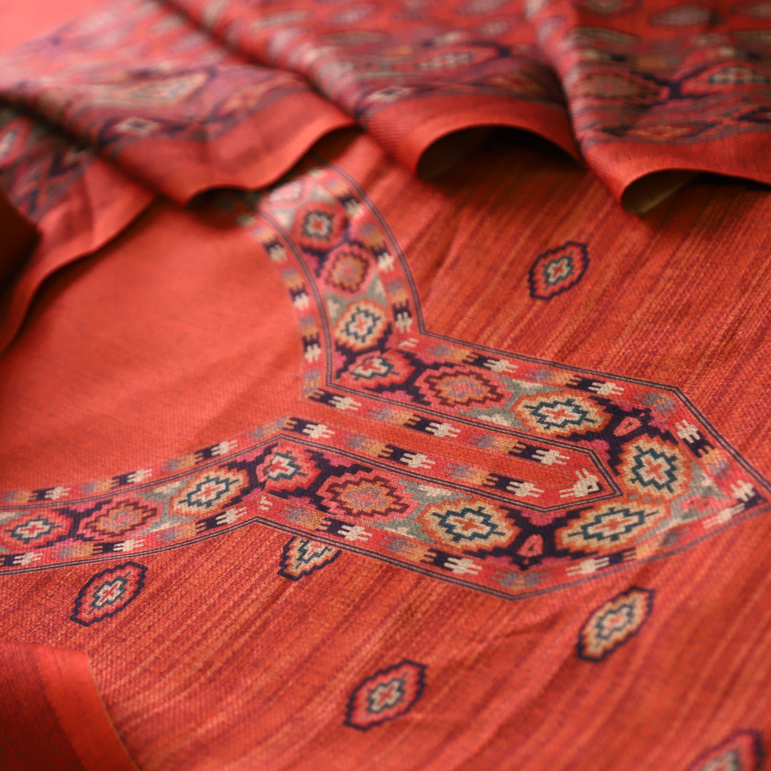 भानु Rust Orange with Elegant Digital Printed Work Semi Pashmina winter Set