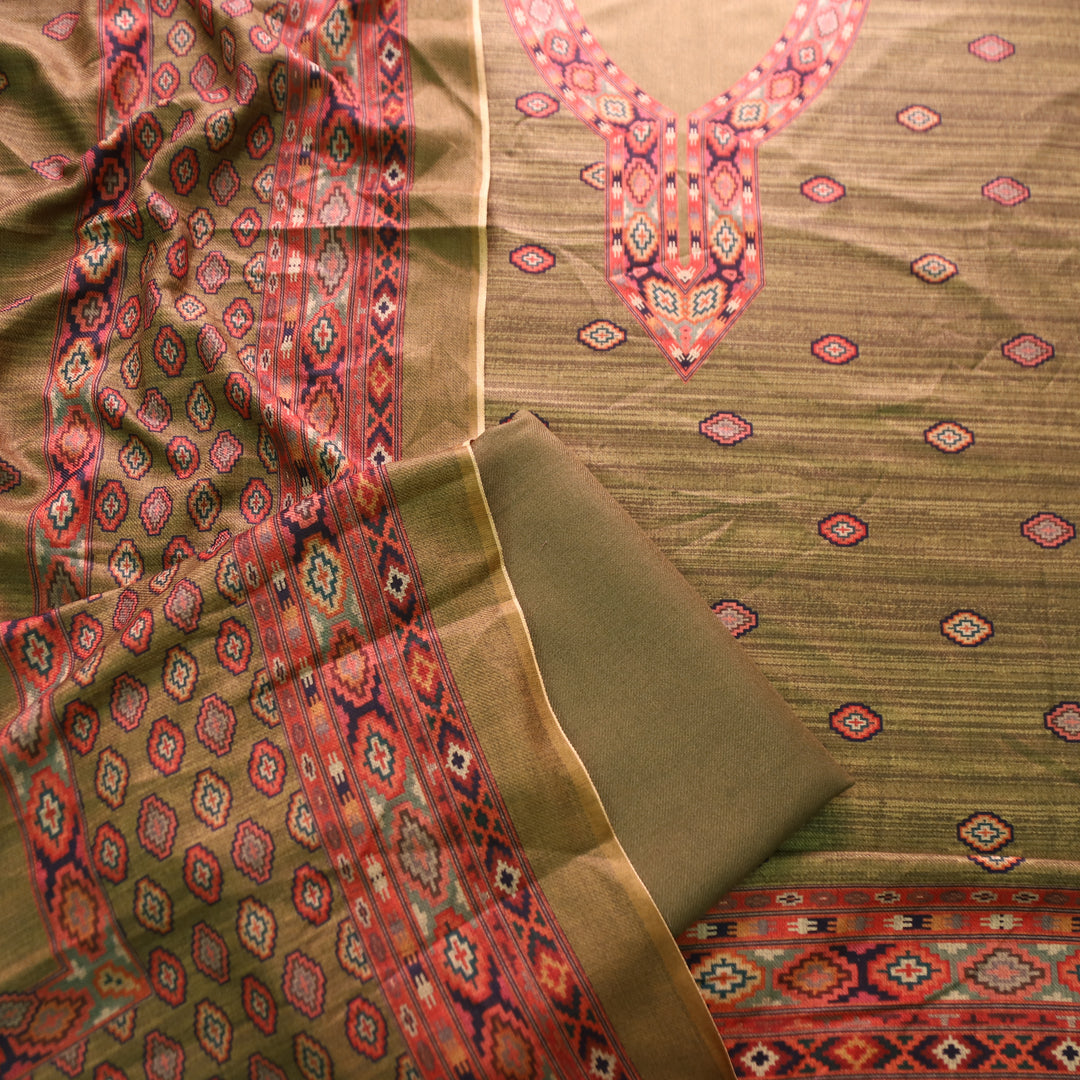 भानु Dark Fern Green with Elegant Digital Printed Work Semi Pashmina winter Set